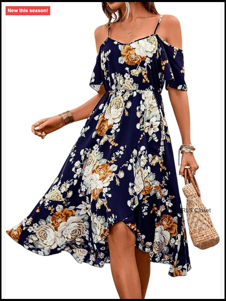 Polyester Floral Print Cold Shoulder Dress High Low Ruffle Midi